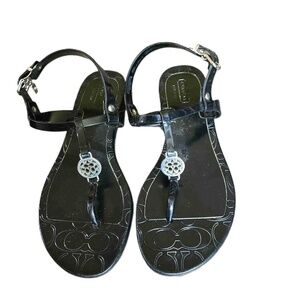 Coach Black Pansy Logo Ankle Strap Flat Sandals Size 6